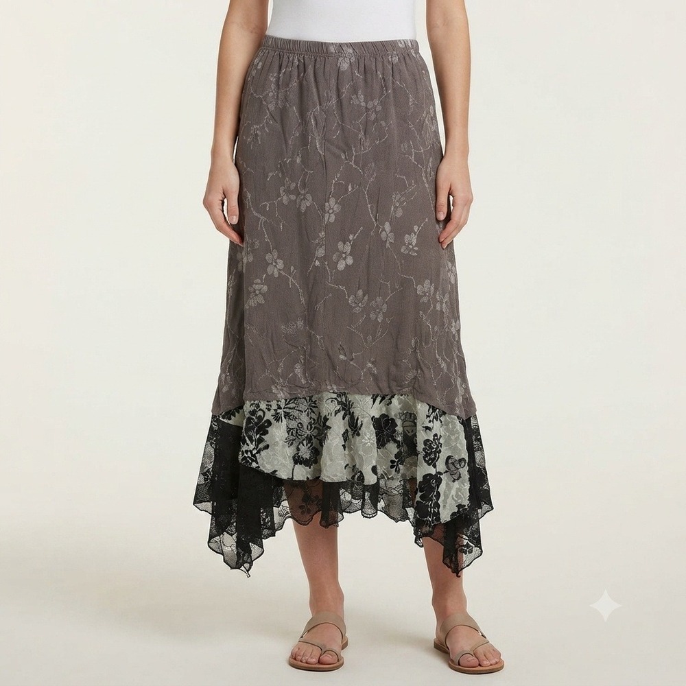 Vintage Skirt 1X Handkerchief Hem Floral Lace Midi Skirt Gray Black Plus Size